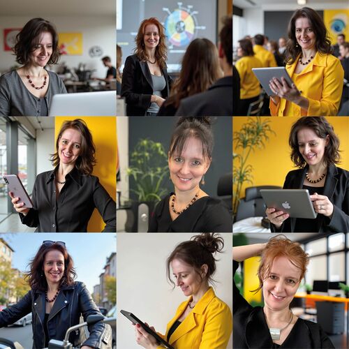 Bildcollage zeigt Nicole Angela Buck bei verschiedenen Coaching-Aktivitäten und Workshops als Expertin für Kommunikation und KCollage mit Porträtfotos von Nicole Angela Buck, Kommunikations- und Grafikdesignerin, KI-Trainerin und Gründerin von DAS KONZEPT